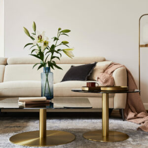 Stylish living room interior composition with beige sofa, glass